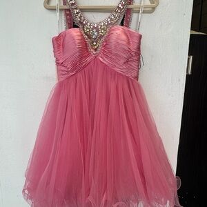 Pink Embellished Ruched Spaghetti Strap Prom Dress